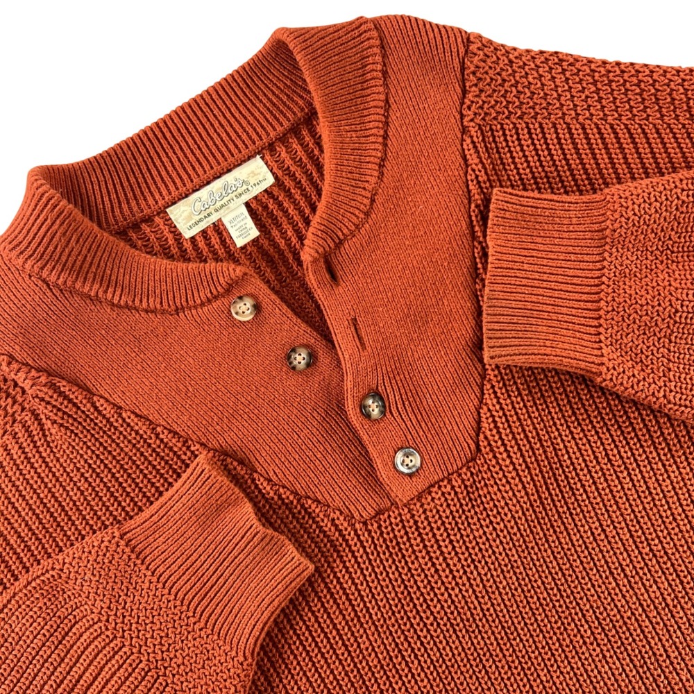 Cabela's Henley Sweater Mens XLT Burnt Orange Shaker Knit Button Neck Pullover